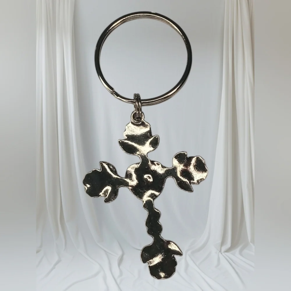 Silver Tone Cross Heart Charm Keychain Bag